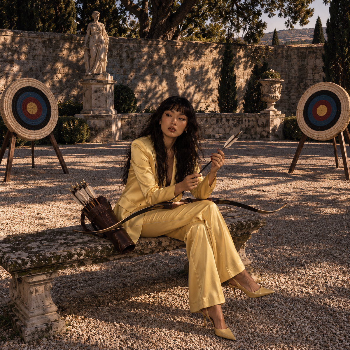 Dark-haired woman in a yellow satin trouser suit holding an arrow and bow while sitting on a stone bench between two archery targets in a Mediterranean garden.