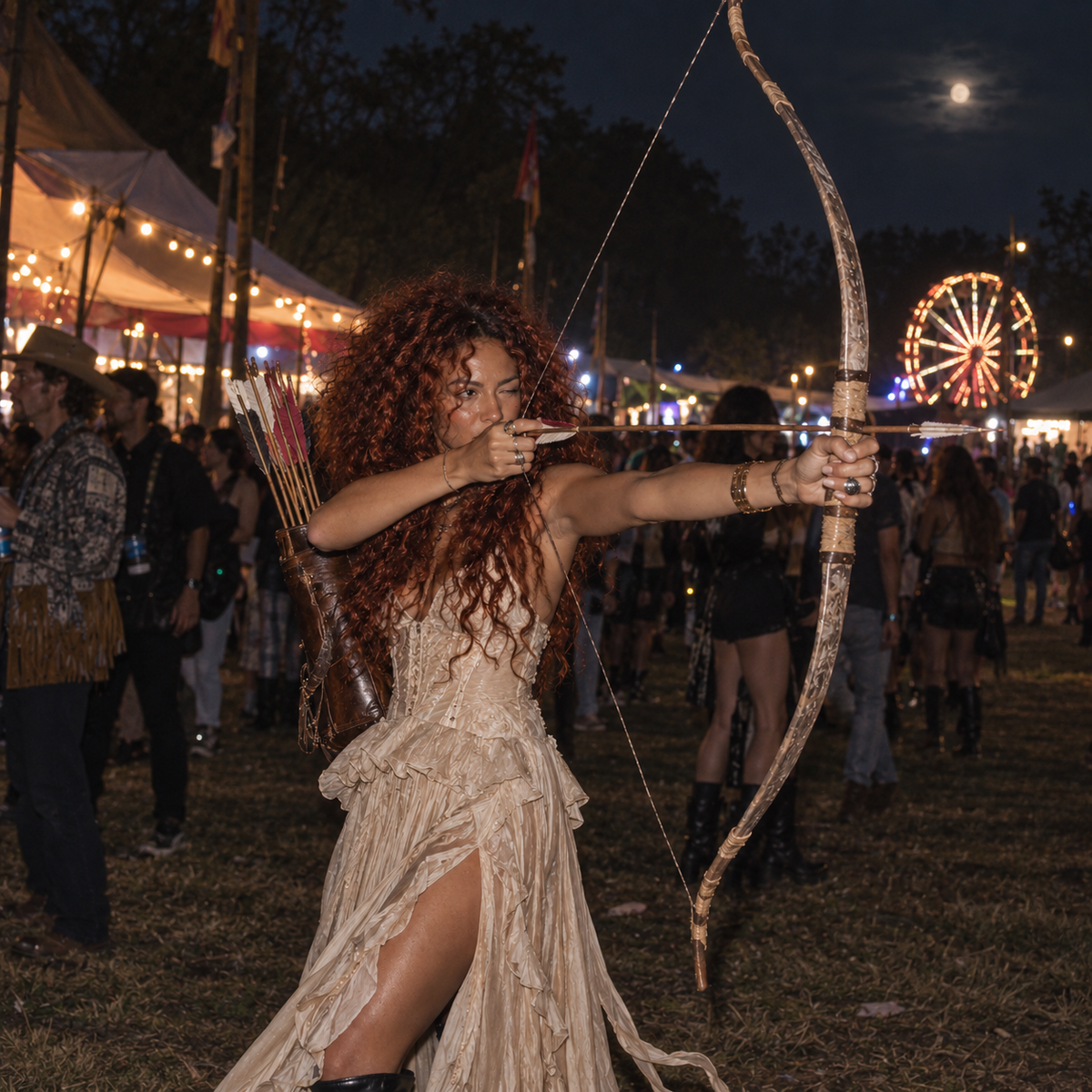 Red-haired woman in a cream lace dress aiming a wooden bow and arrow at a night-time fairground, with a Ferris wheel and crowds behind her, representing Punarvasu Nakshatra in Vedic astrology.