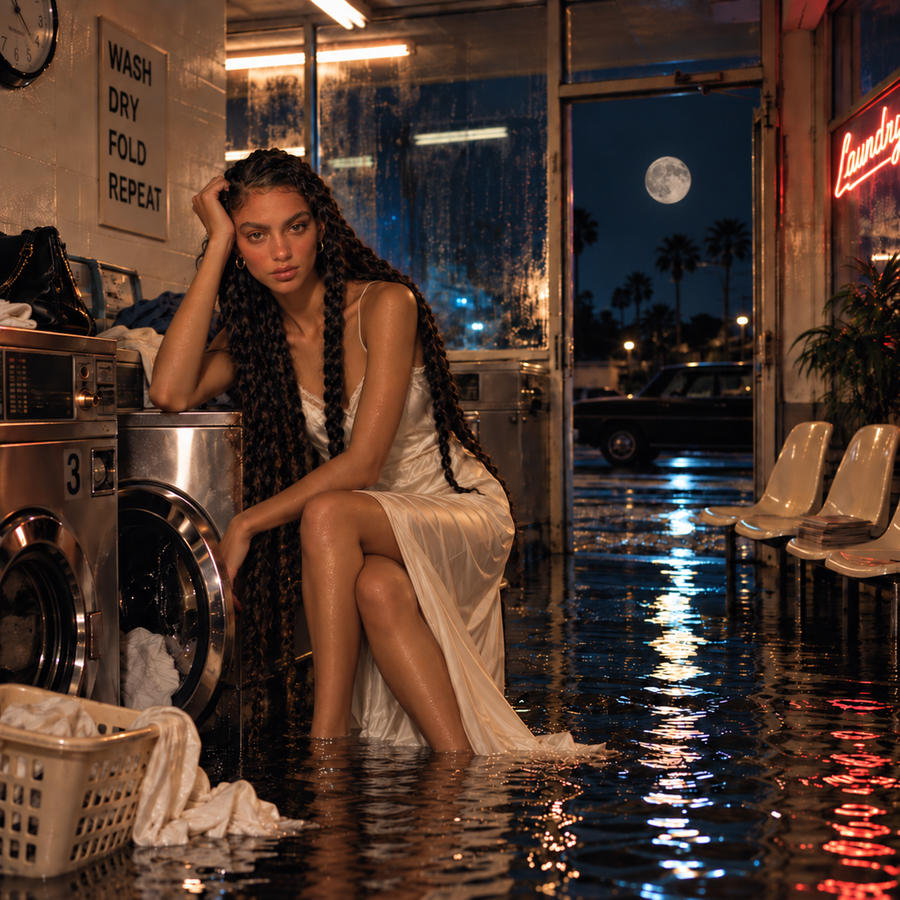 Woman in a cream satin dress sitting on a washing machine in a flooded laundrette at night, with rain-soaked windows and a full Moon outside, representing Purva Ashadha Nakshatra in Vedic astrology.