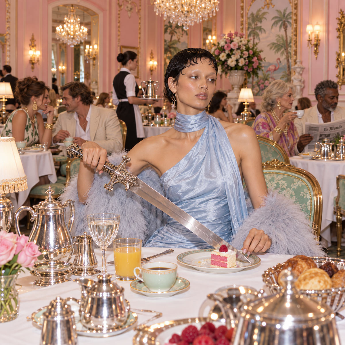 Woman in a pale blue satin gown holding a ceremonial sword over a slice of cake at an elegant hotel banquet, representing Purva Bhadrapada Nakshatra in Vedic astrology.