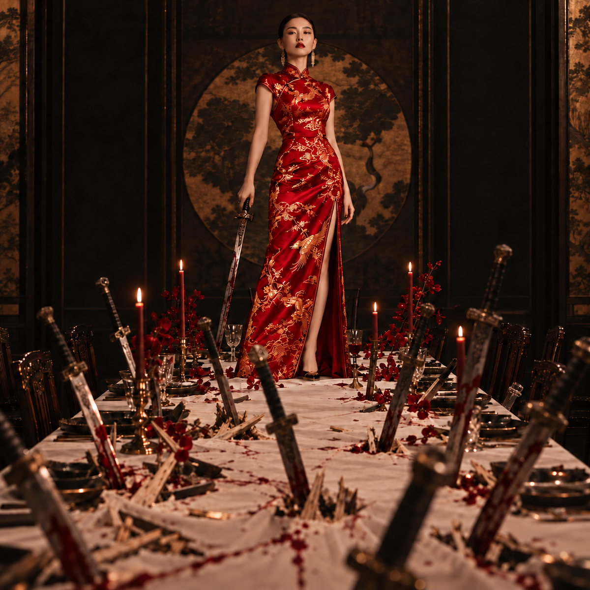 Woman in a red embroidered Chinese qipao standing at the end of a lavish banquet table covered with upright swords, surrounded by candles and red flowers, representing Purva Bhadrapada Nakshatra in Vedic astrology.