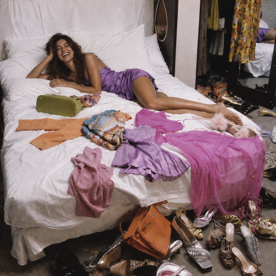 Laughing brunette model in a purple satin mini dress reclines on an unmade white bed, surrounded by scattered designer handbags, colourful clothing and high heels in a chaotic dressing room.