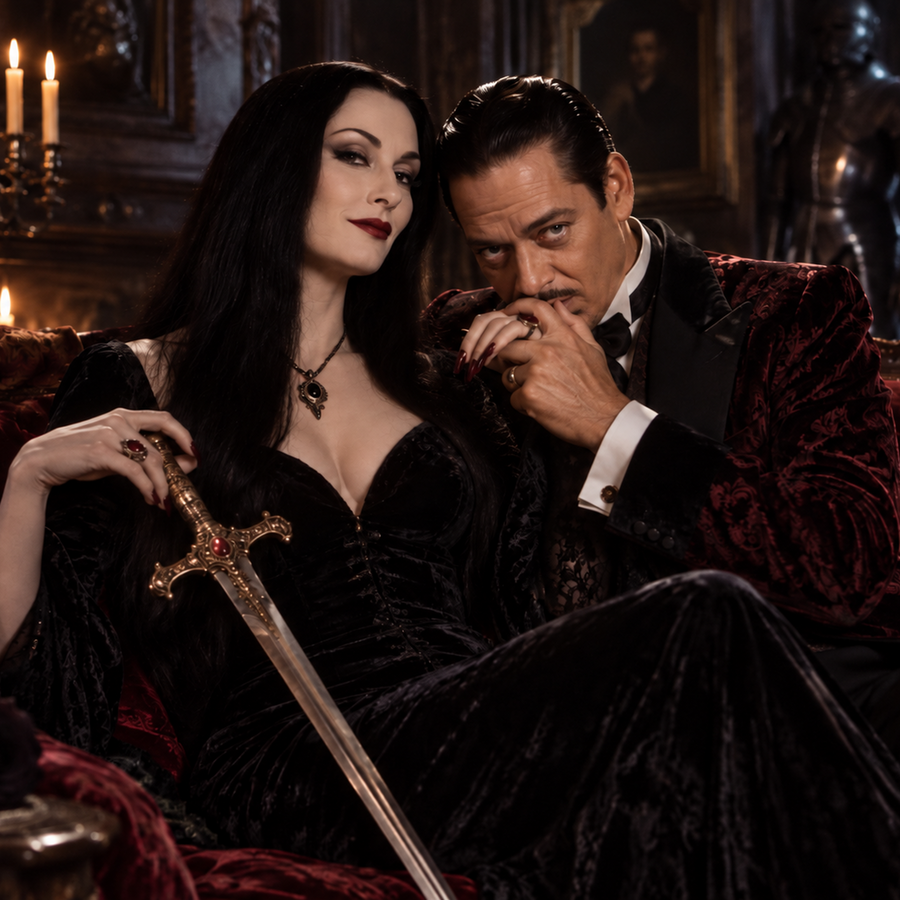 Addams Family-inspired gothic couple on a burgundy velvet sofa, a dark-haired woman in a black gown holding an ornate sword and smiling mischievously as a man in a burgundy velvet jacket kisses her hand in a candlelit mansion.
