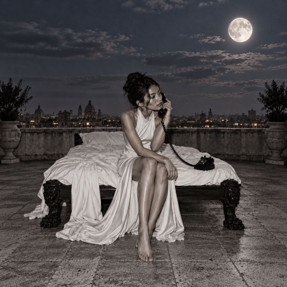 Dark-haired woman in a white satin dress holding a disconnected vintage telephone while sitting barefoot on an ornate bed overlooking a city at sunset, captured in black and white.