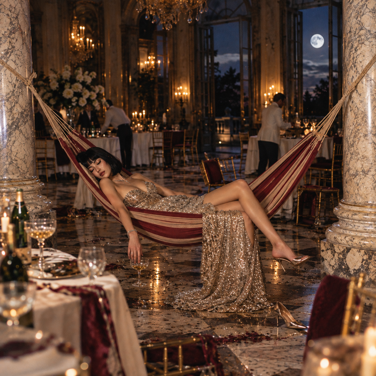 Woman in a shimmering gold evening gown reclining in a burgundy hammock inside an opulent candlelit ballroom, representing Purva Phalguni Nakshatra in Vedic astrology.
