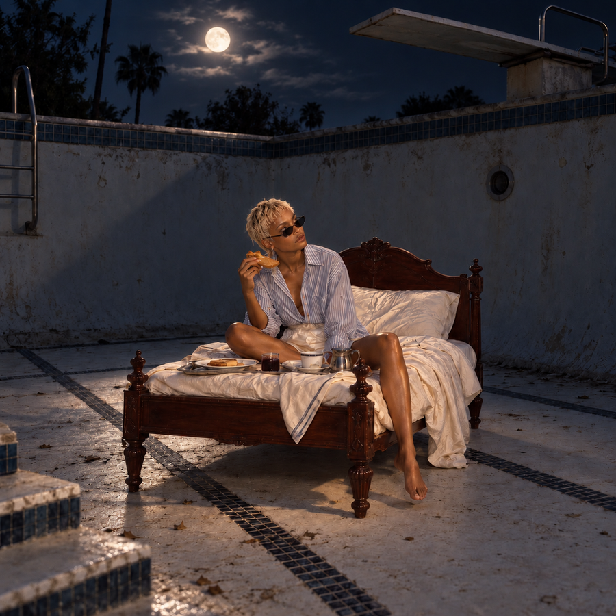 Short-haired blonde fashion model wearing sunglasses and an oversized striped shirt, eating food on an antique wooden bed in an empty swimming pool. Grainy 1990s editorial photography.