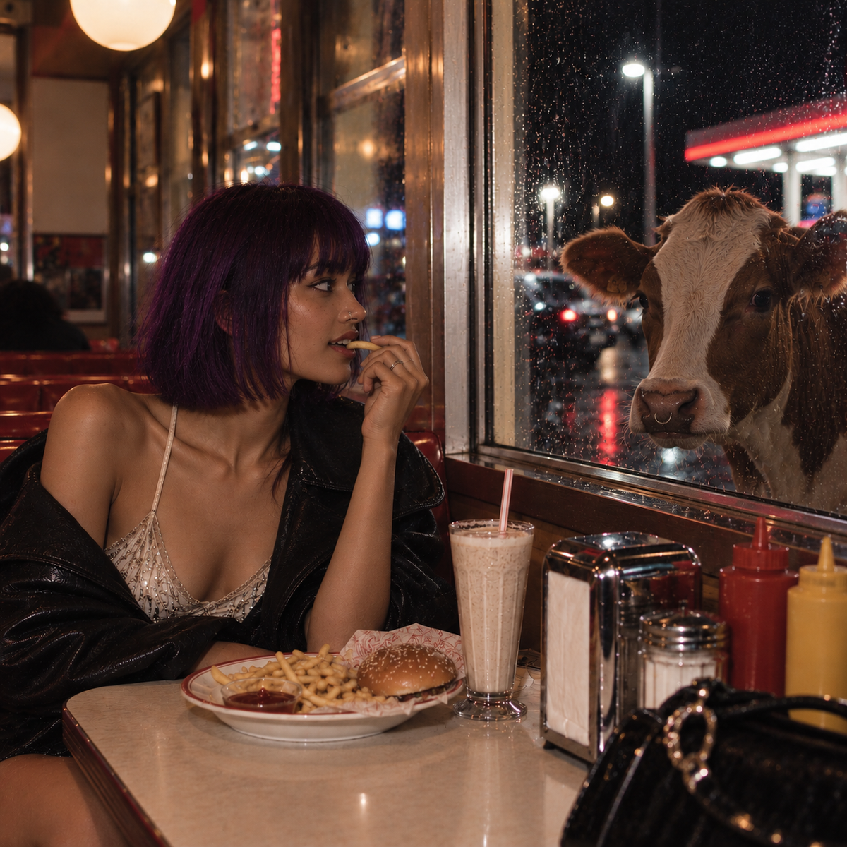 Woman with a short dark bob seated in a late-night diner with a burger, chips and milkshake, looking towards a cow outside the rain-soaked window, representing Pushya Nakshatra in Vedic astrology.