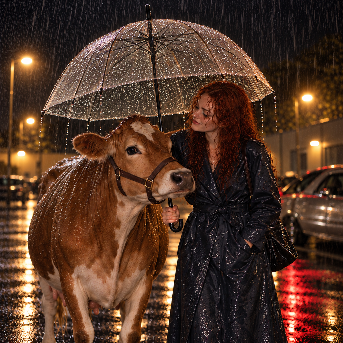 Curly red-haired woman in a black raincoat sheltering a brown and white cow beneath a transparent umbrella on a rain-soaked street at night, illuminated by streetlights.