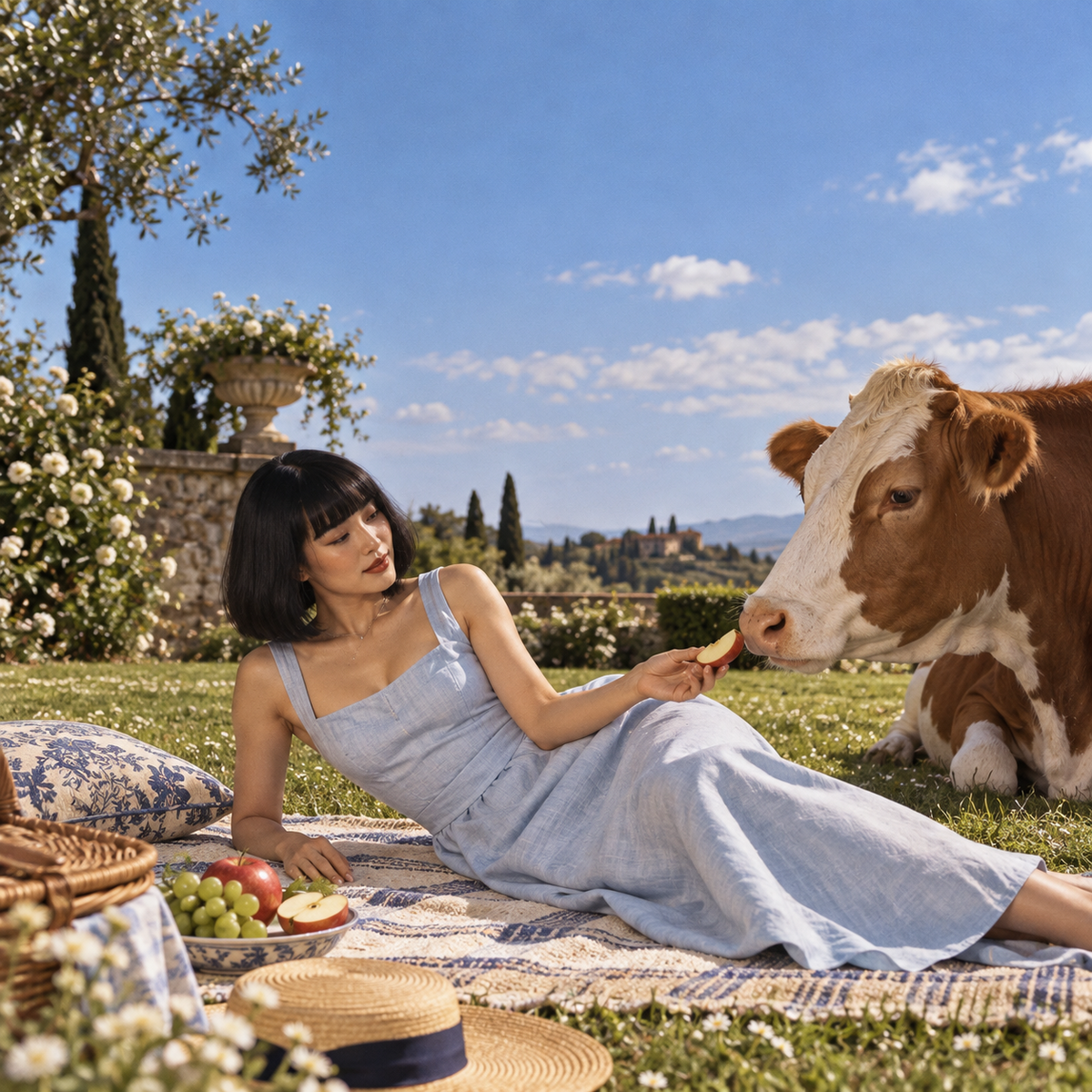 Pushya Nakshatra editorial photograph of an East Asian woman in a pale blue linen dress feeding an apple slice to a brown-and-white cow during a garden picnic, surrounded by flowers, fruit and the Tuscan countryside.