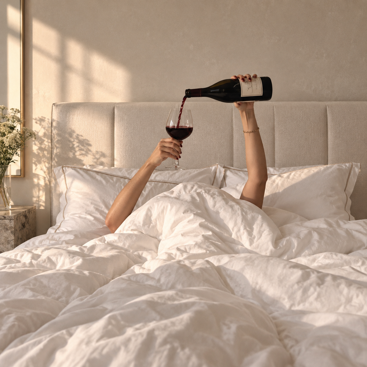 A woman hidden beneath a white duvet raises both arms to pour red wine into a glass, her face completely concealed. Warm afternoon sunlight falls across crisp white bedding in a minimalist luxury bedroom.