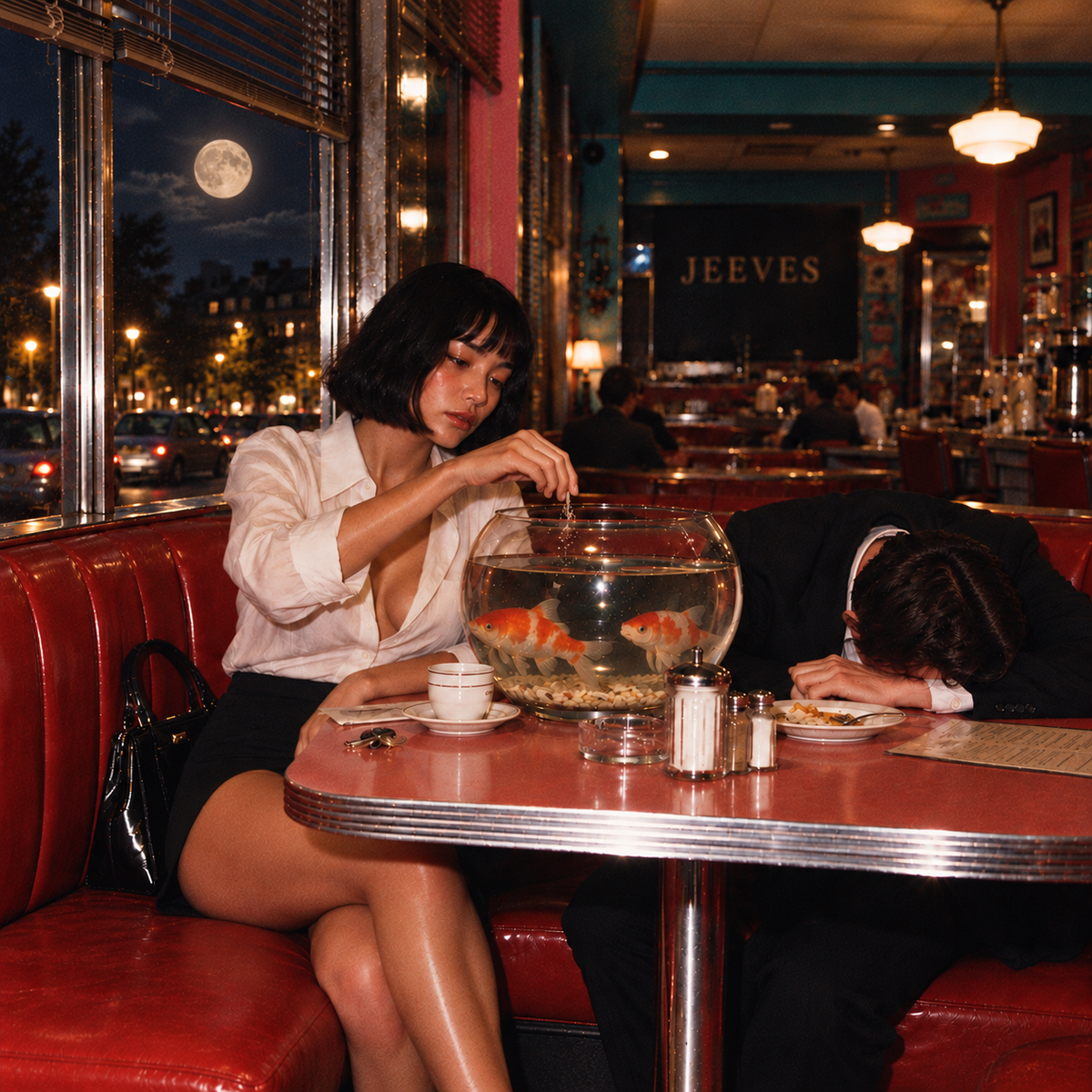 Japanese woman in a white shirt feeding two orange-and-white koi fish in a glass fishbowl at a retro diner, while a man in a black suit sleeps beside her at the table.