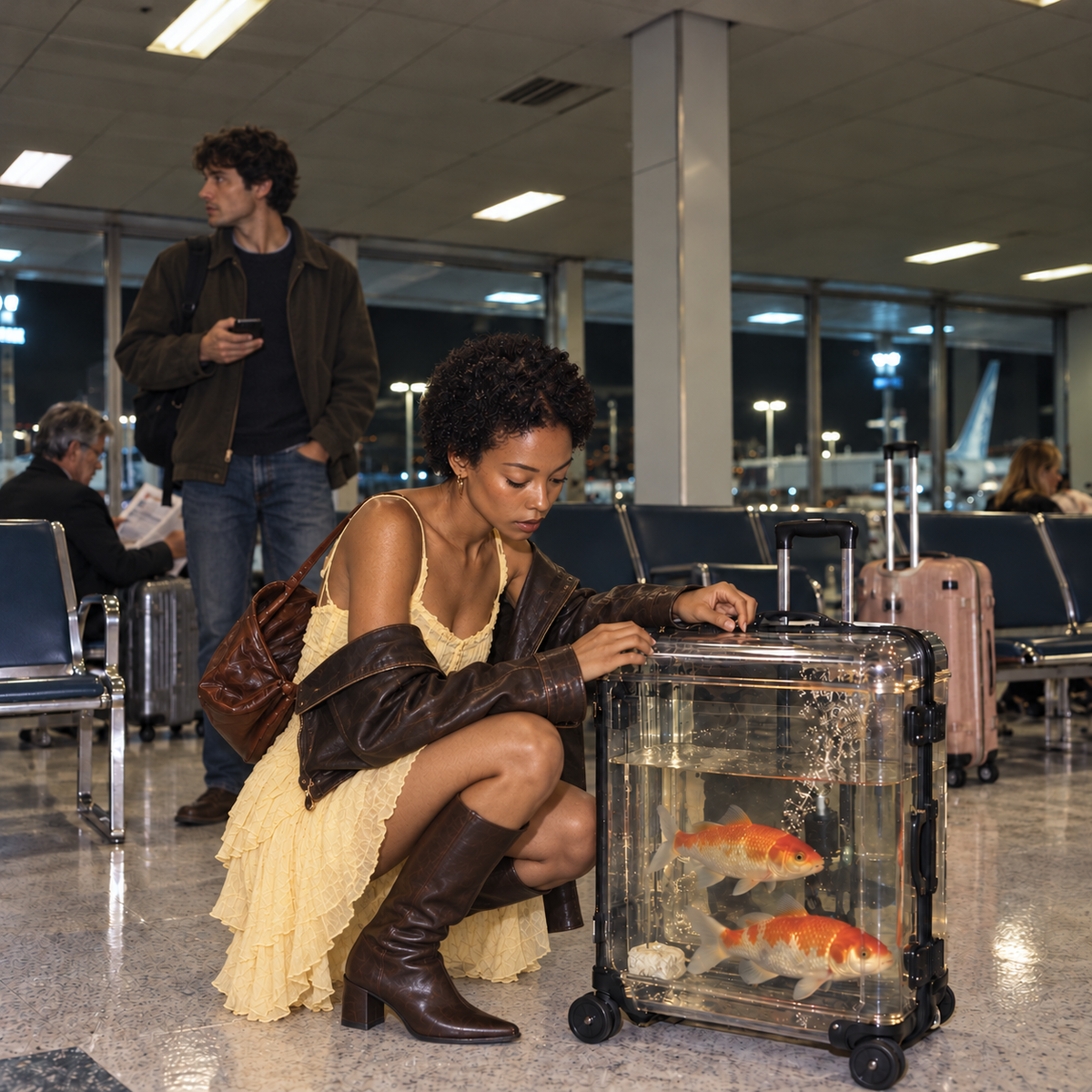 Black woman in a pale-yellow dress and brown leather boots crouching beside a transparent suitcase containing two orange-and-white koi fish at an airport, while a man stands behind her looking away.