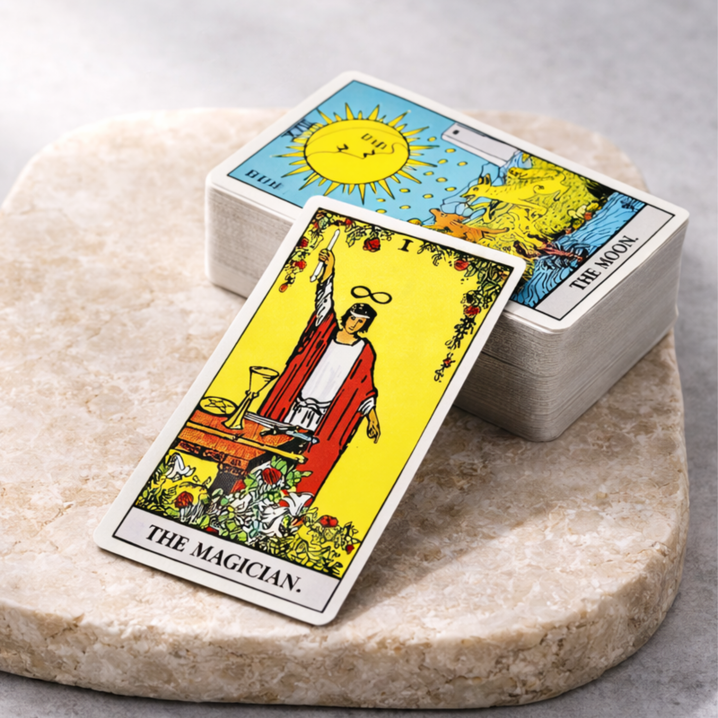 Rider Waite tarot card deck with The Magician card