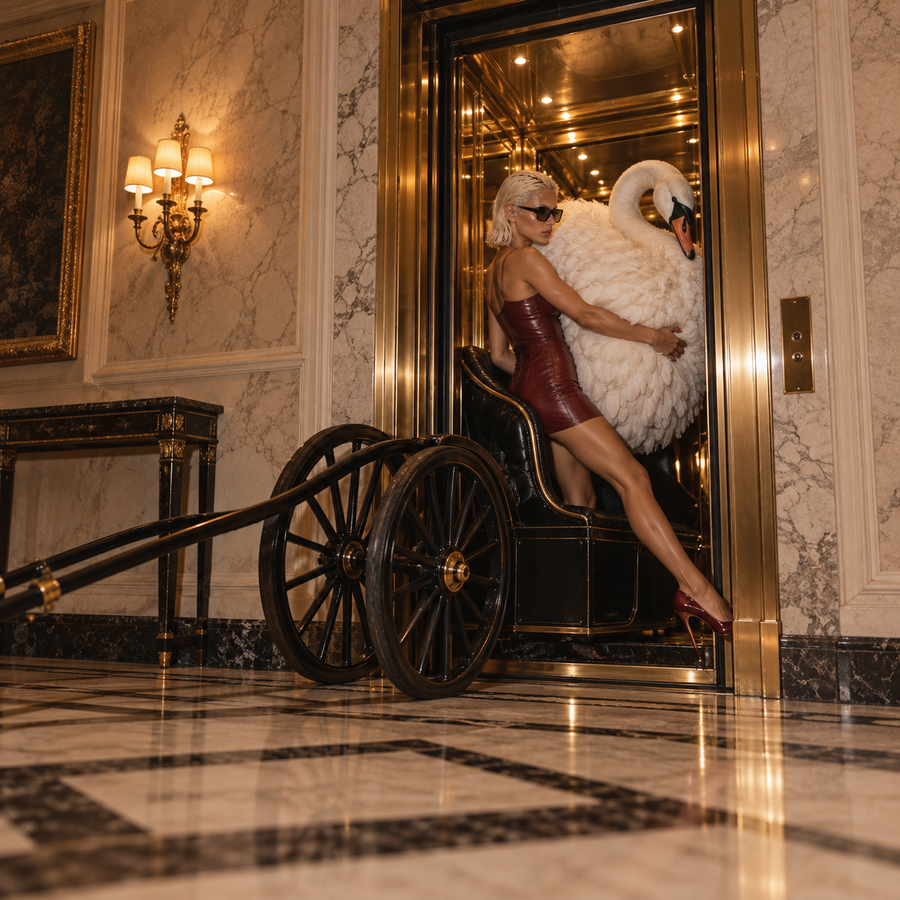 Blonde model in a burgundy leather mini dress and sunglasses, sitting in a black vintage chariot beside a giant white swan inside a gold Art Deco lift, surrounded by marble walls and warm lighting.