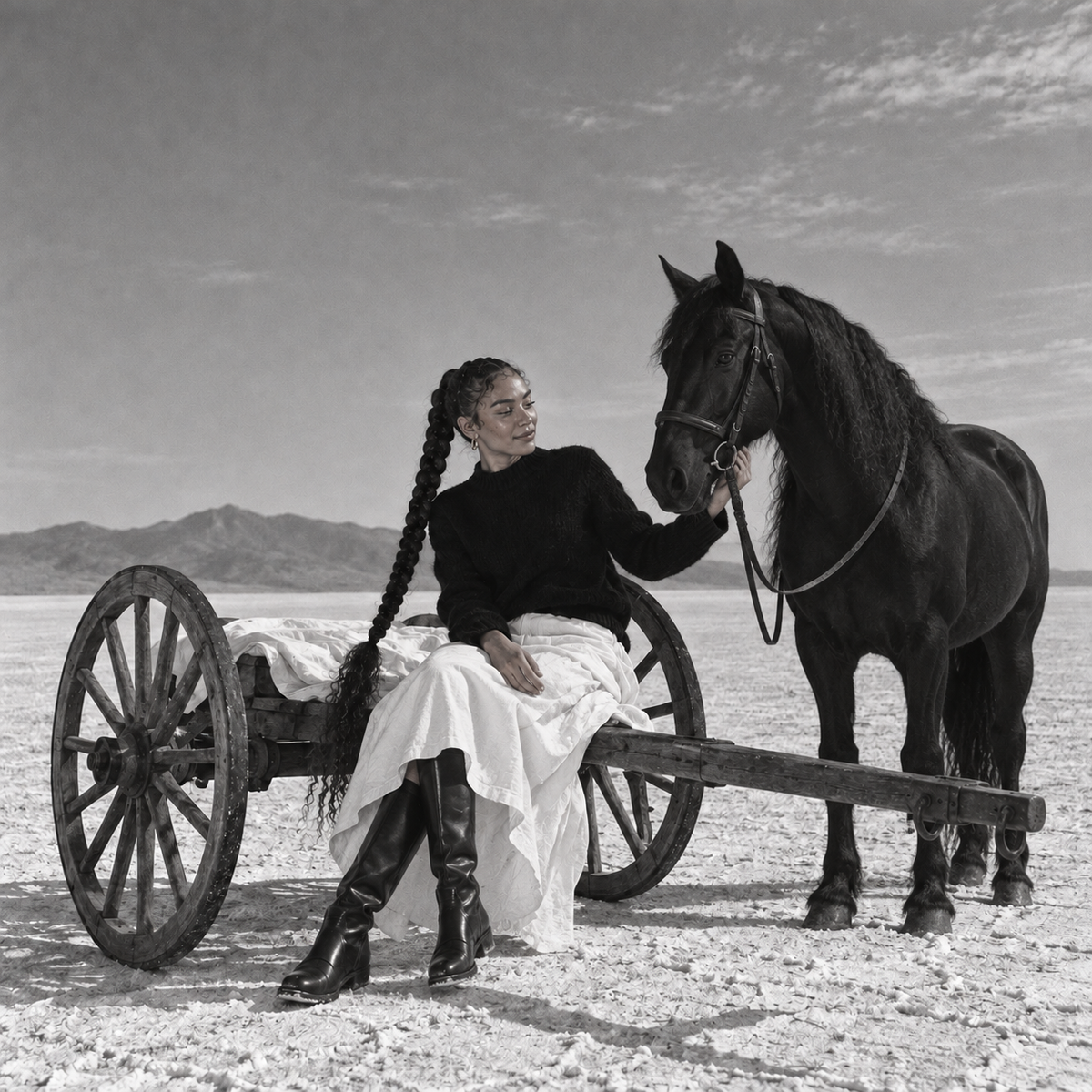 Woman with a long braided ponytail, black jumper and white skirt sitting on a wooden cart, stroking a black horse in a black-and-white desert landscape.