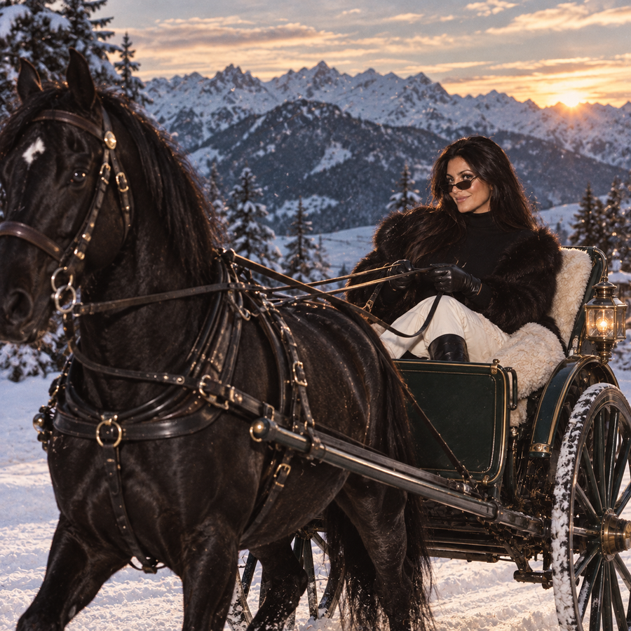 Brunette woman in sunglasses, a black fur coat and cream trousers riding a dark green horse-drawn chariot through snowy Alpine mountains at sunset, with a black horse in the foreground.