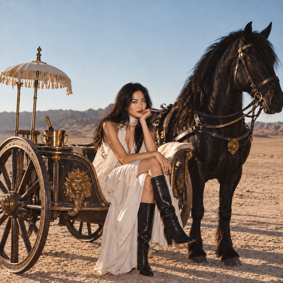 Brunette woman in a flowing white dress and black leather boots gazing confidently at the camera beside a majestic black stallion and ornate gold chariot in a sunlit desert.