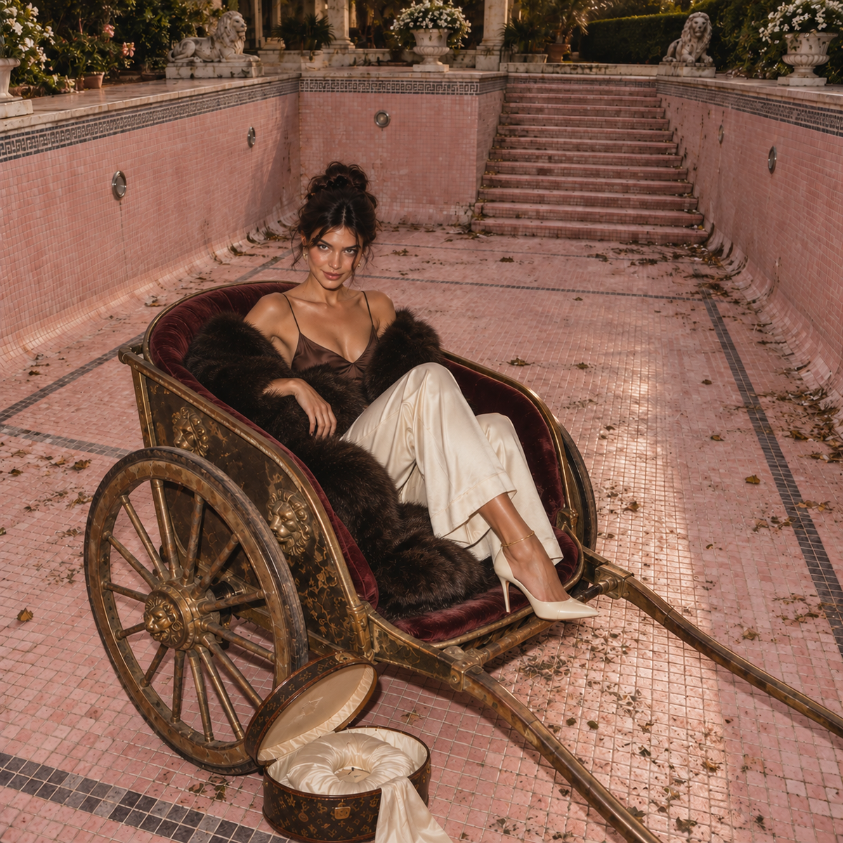 Brunette model in ivory trousers, a brown satin top and dark fur stole reclining in an ornate gold chariot inside an empty pink-tiled swimming pool, looking at the camera.