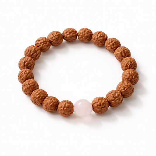Rudraksha and rose quartz bracelet for protection and love by Moon Sutras