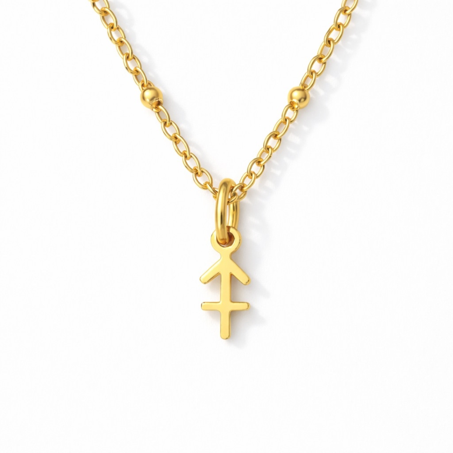 Sagittarius zodiac necklace gold pendant on gold chain close up by Moon Sutras