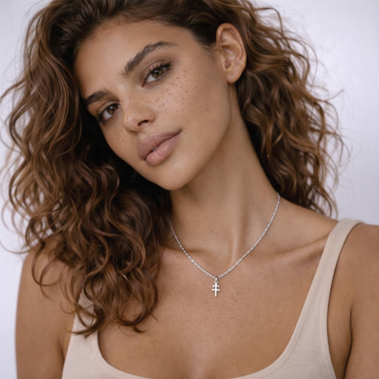 Sagittarius zodiac necklace silver worn on model leaning pose