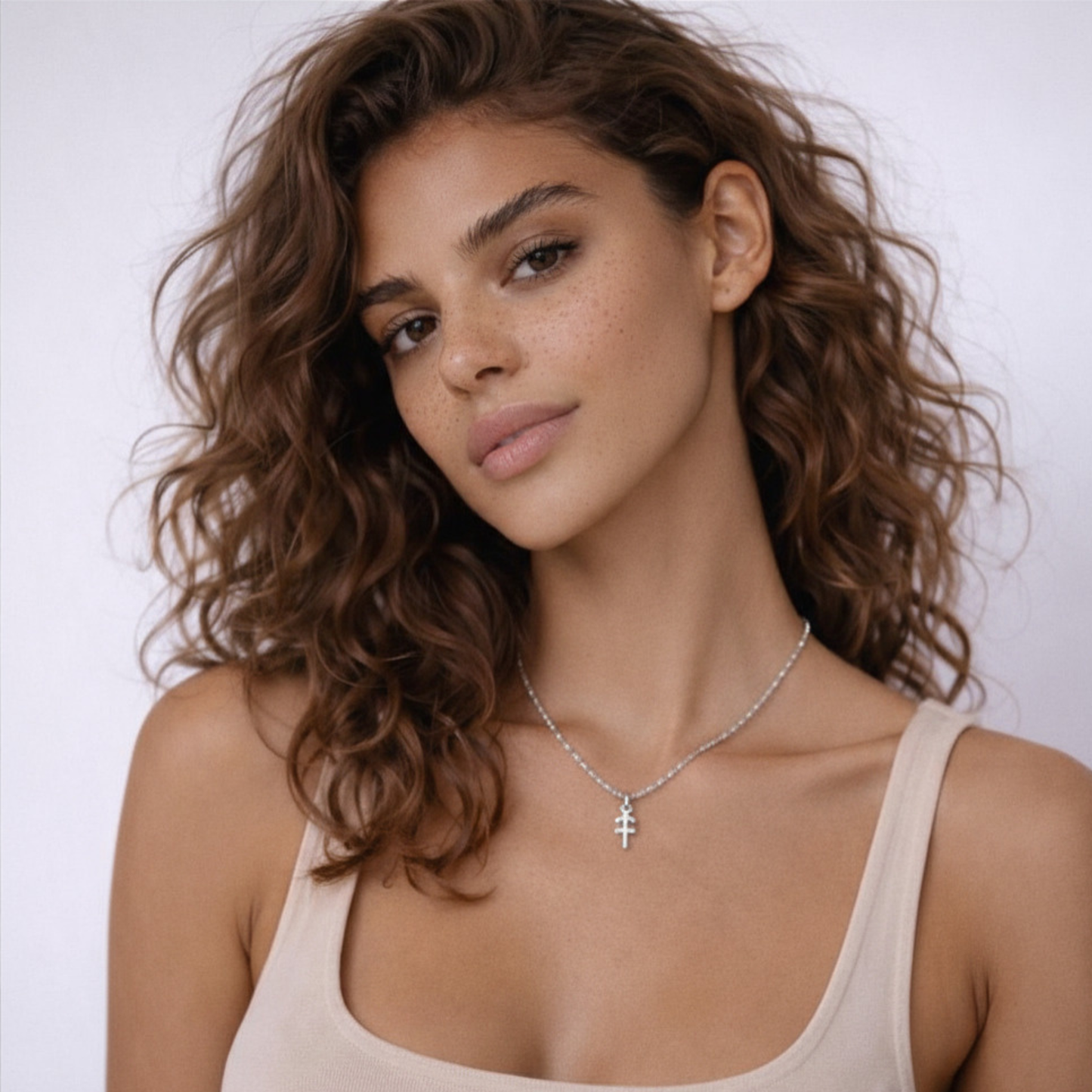 Sagittarius zodiac necklace silver worn on model with beige top