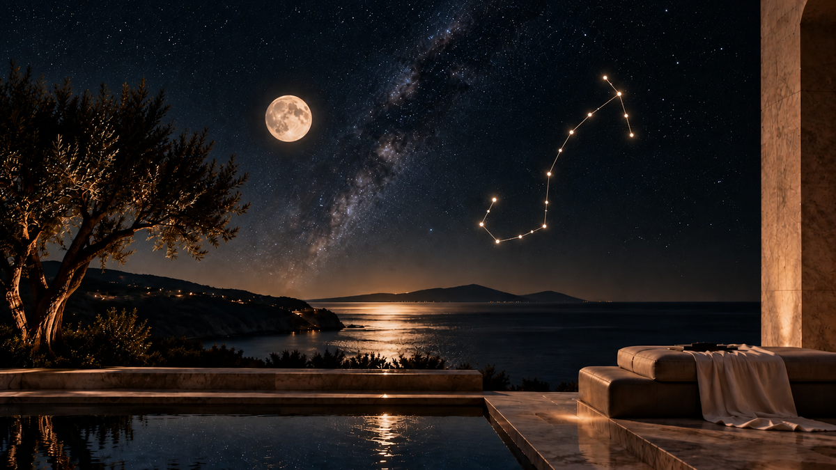 Full Moon and Scorpio constellation above a moonlit sea and coastal terrace under a star-filled night sky.