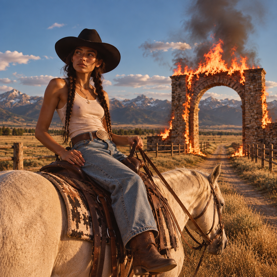 Woman in a black cowboy hat, white crop top and blue jeans riding a horse across a sunlit landscape, with a stone triumphal arch engulfed in flames behind her, representing Vishakha Nakshatra in Vedic astrology.