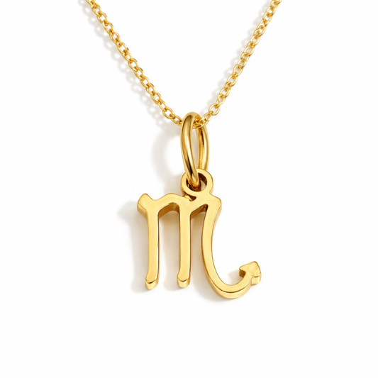 Scorpio zodiac necklace gold pendant on gold chain close up by Moon Sutras