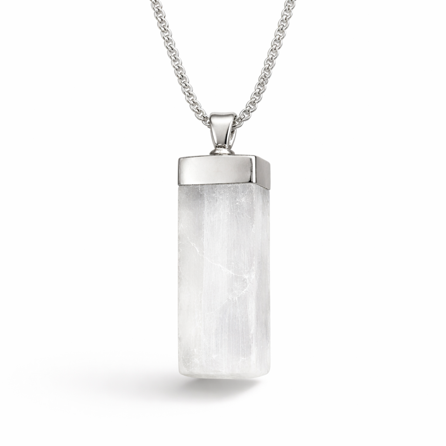 Selenite necklace rectangular white crystal pendant on silver chain by Moon Sutras