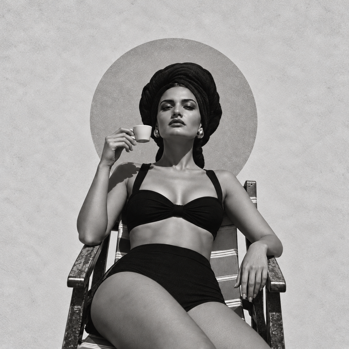 Black-and-white fashion editorial of a dark-haired woman in a black two-piece swimsuit and turban, reclining in a striped deckchair while holding an espresso cup, with a large circular backdrop behind her.
