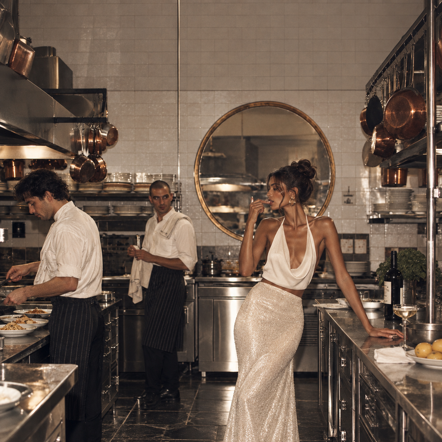 Editorial photograph of a brunette model in a white halterneck top and shimmering floor-length skirt tasting food in a professional kitchen, with two chefs, hanging copper pans and a large circular mirror behind her.