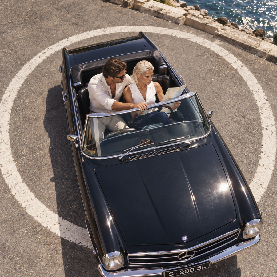 Editorial photograph of a blonde woman with slicked-back hair studying a map in a black vintage Mercedes convertible, accompanied by a man in a white linen shirt, parked inside a large white painted circle on a coastal road overlooking the sea.