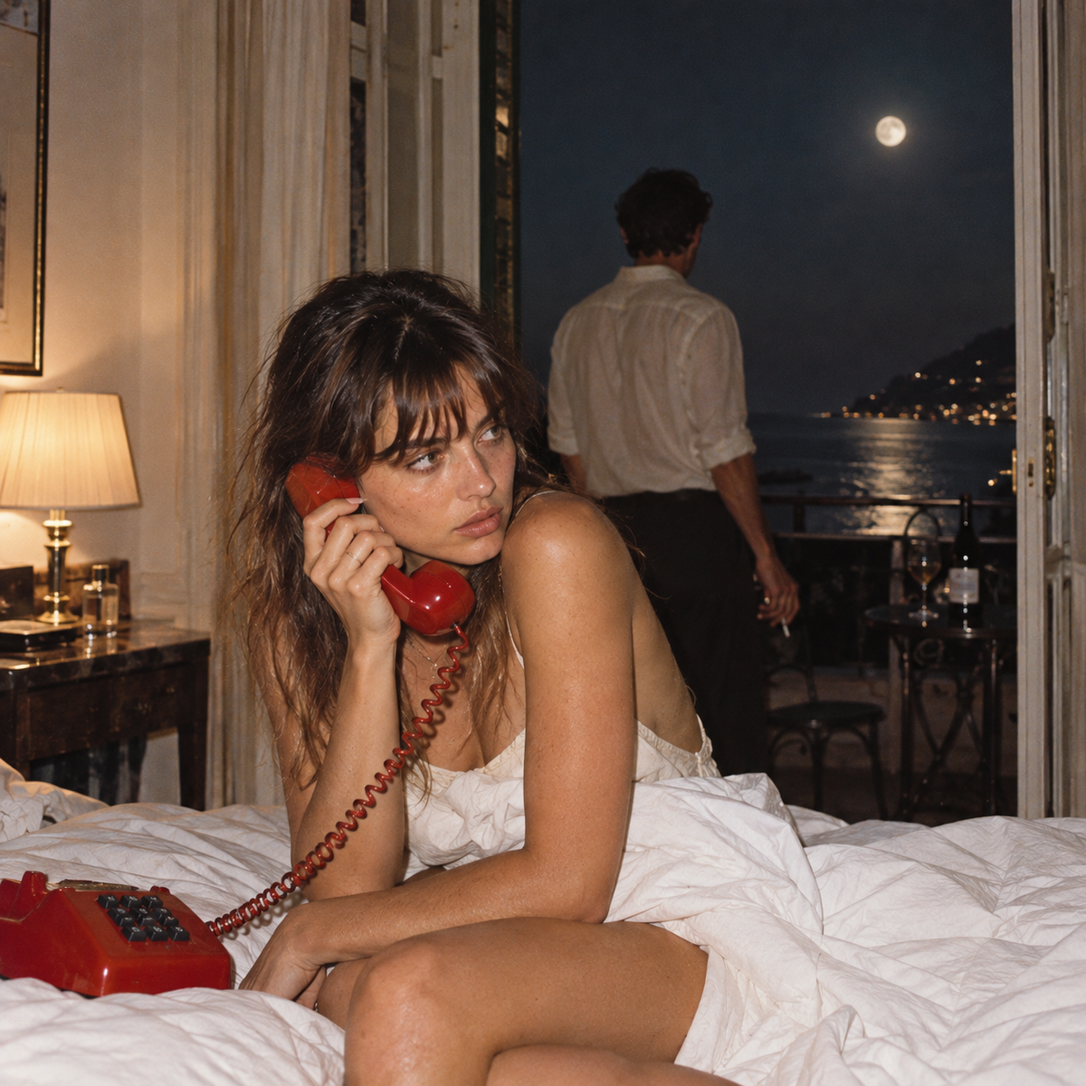 Brunette woman sitting on a hotel bed holding a red telephone, looking towards a man on the balcony beneath a full moon overlooking the sea.