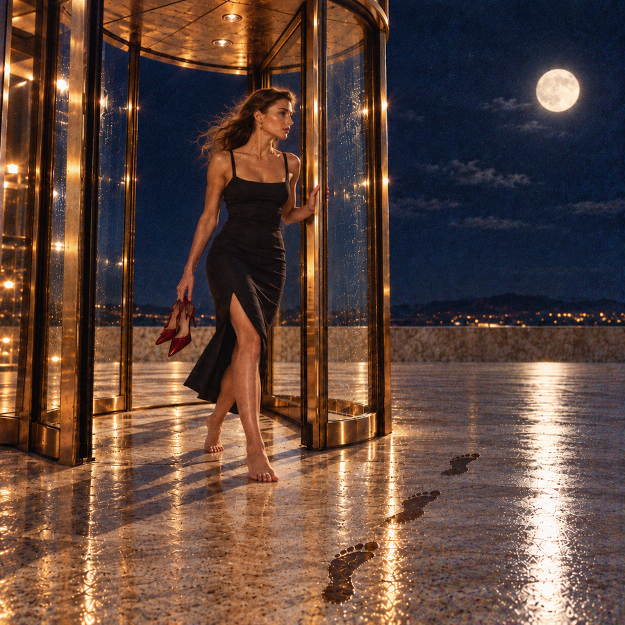 Barefoot brunette in a black dress stepping through a brass revolving door, carrying red heels, with three wet footprints on the marble beneath a full moon.