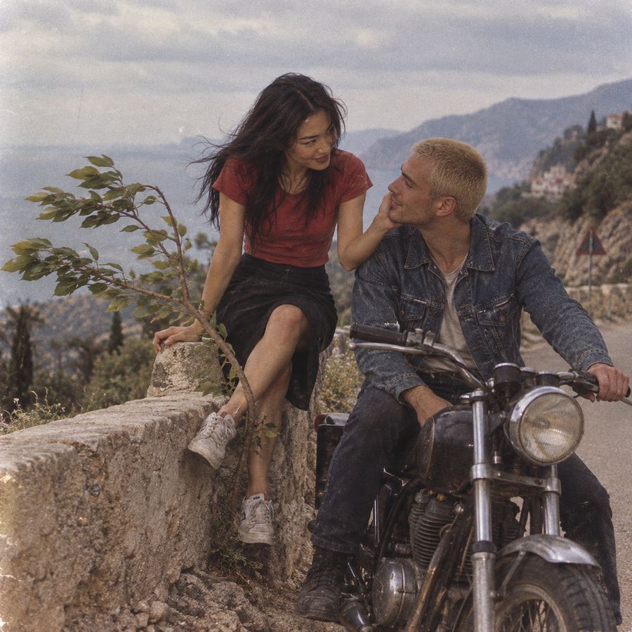 Dark-haired woman in a red T-shirt and black skirt affectionately touching a blond man's face as he sits on a vintage motorcycle beside a coastal road, with mountains and the sea in the background.