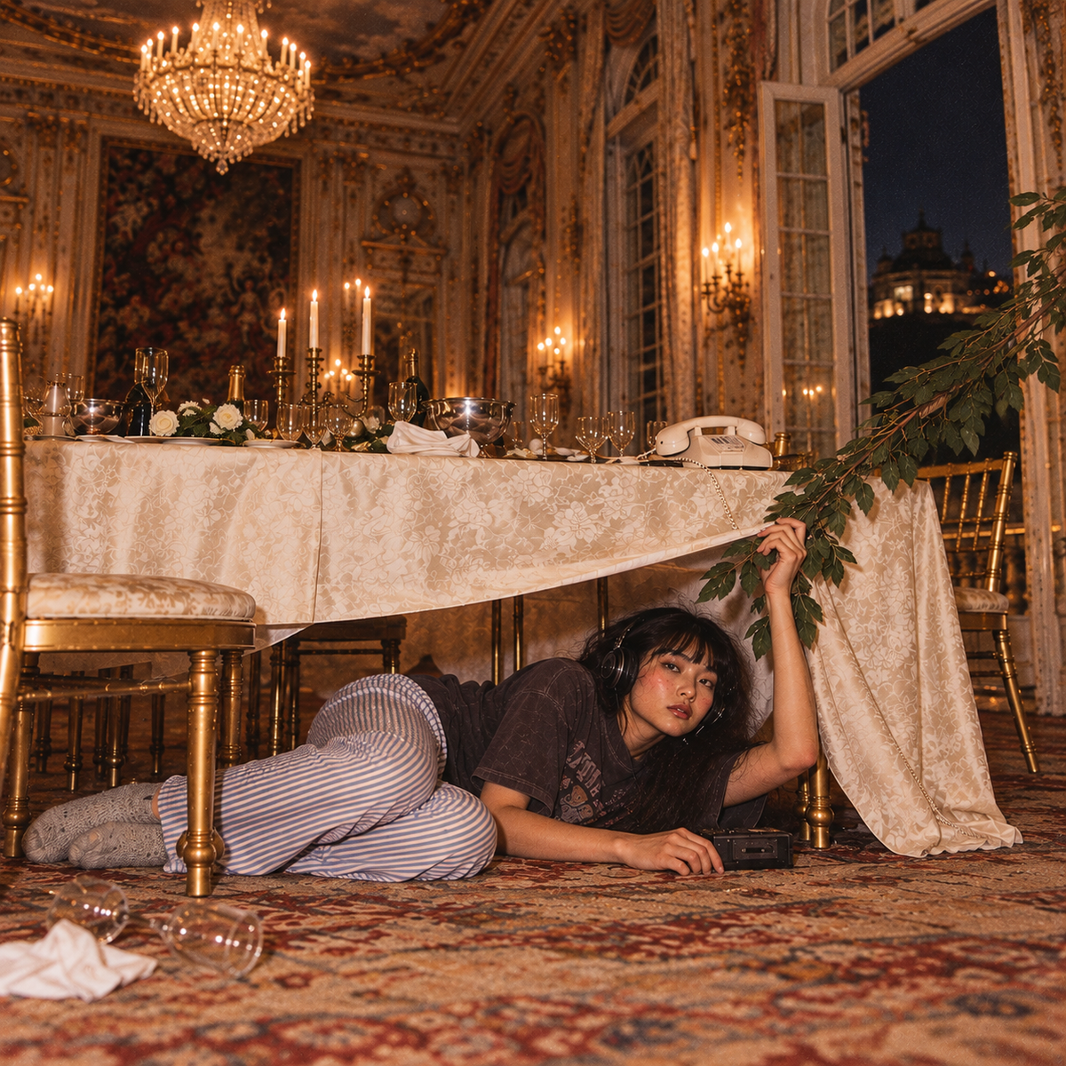 Dark-haired woman wearing headphones and striped pyjama trousers lying beneath an elegant banquet table, holding a leafy branch in a chandelier-lit ballroom with open French doors.