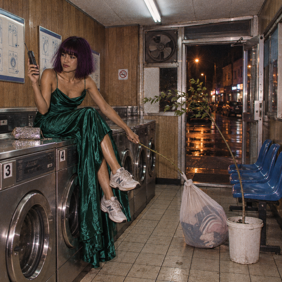Woman with a purple bob wearing an emerald-green satin gown and trainers, sitting on washing machines in a 1990s laundrette, holding a mobile phone and a leafy branch attached to a laundry bag.