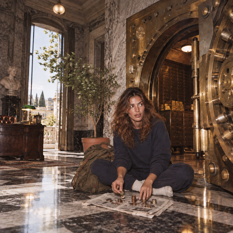 Freckled brunette in a navy tracksuit counting coins on newspaper beside an open gold bank vault, with a potted tree and canvas bag nearby.