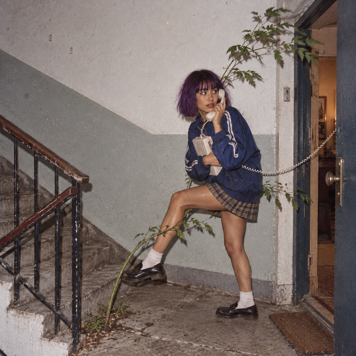 Woman with a short purple bob wearing a blue tracksuit jacket and plaid skirt, talking on a vintage corded telephone in a worn 1990s stairwell as a leafy plant grows through the concrete floor.