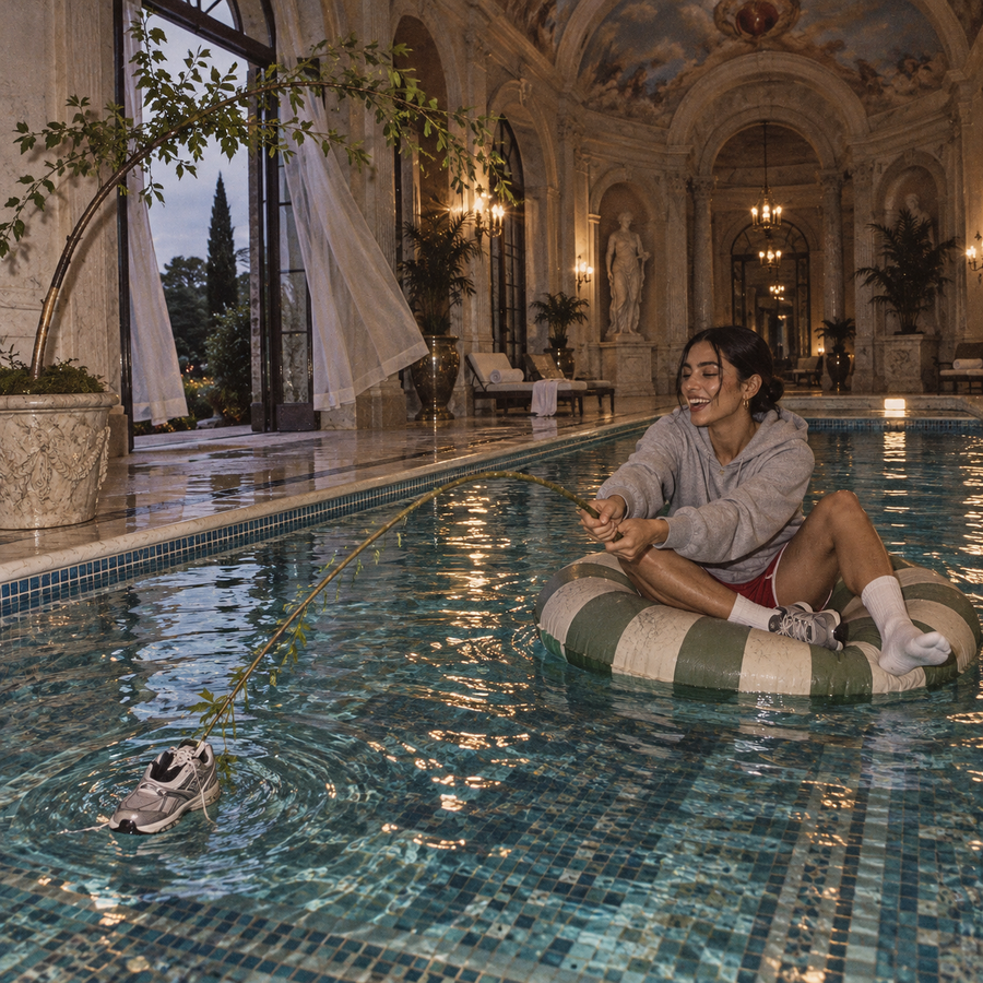 Dark-haired woman in a grey hoodie and red shorts sitting on a striped inflatable ring in an opulent indoor swimming pool, laughing as she uses a leafy branch to pull a trainer through the water.