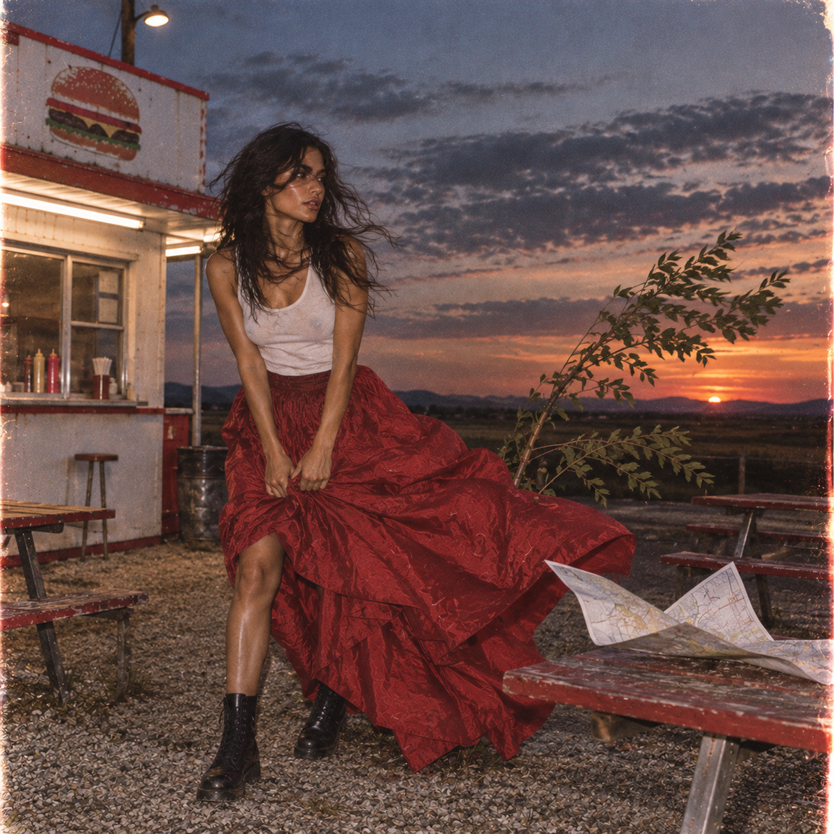 Dark-haired woman in a white vest and billowing red satin skirt standing outside a roadside diner at sunset, with wind sweeping through her hair, a young tree bending and a paper map blowing across a picnic table.
