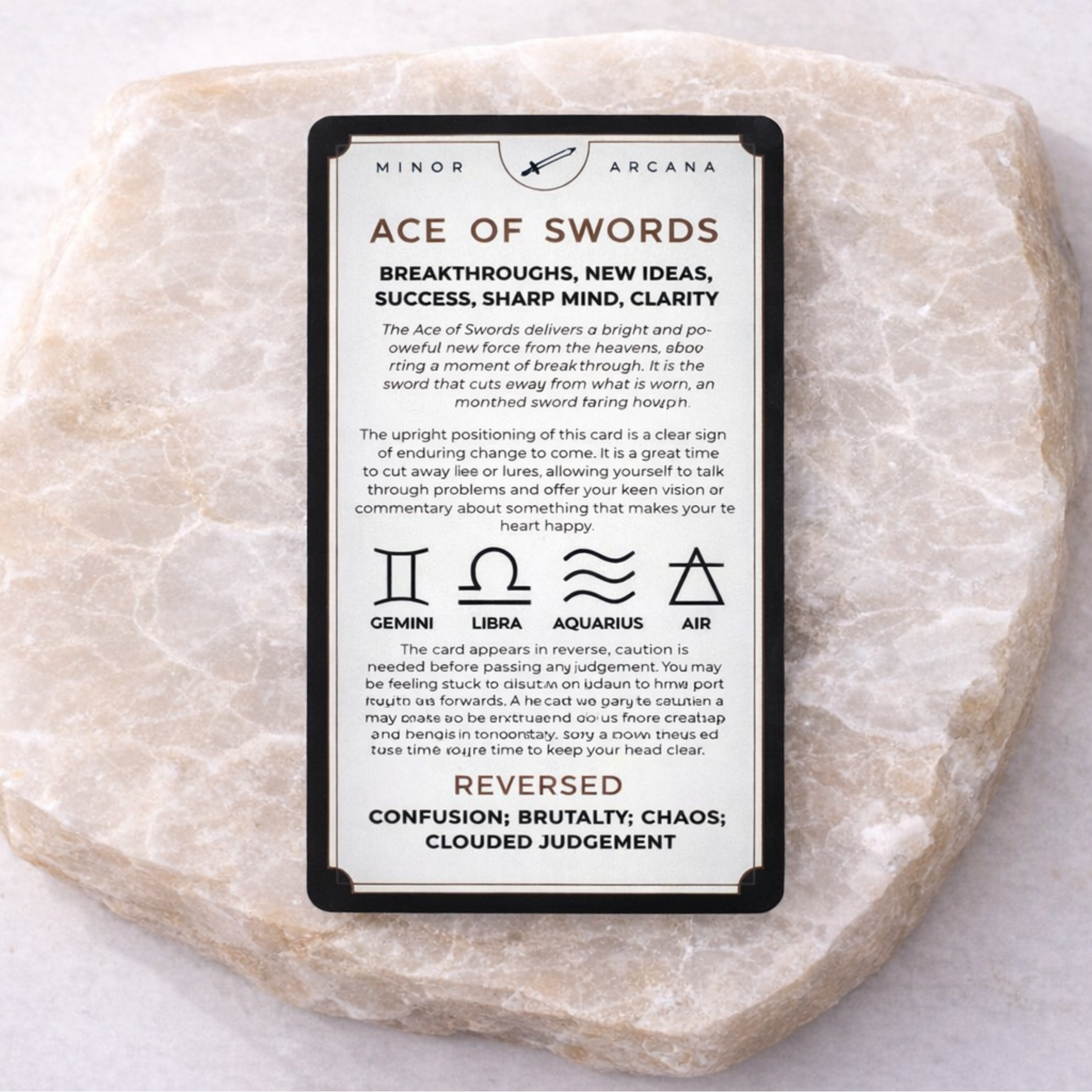 Tarotorial tarot training deck Ace of Swords card close up on beige stone slab