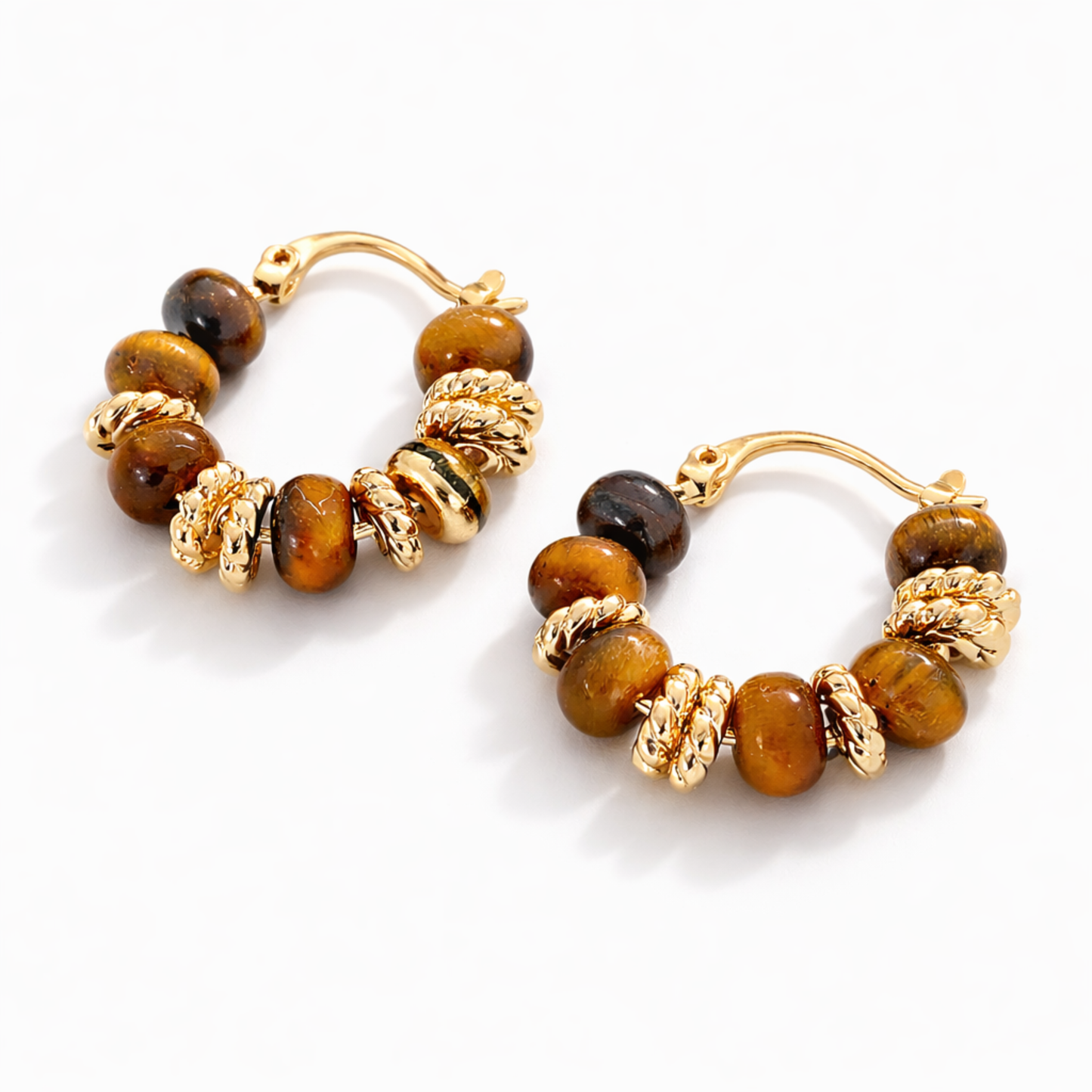 Tiger’s Eye hoop earrings on white background