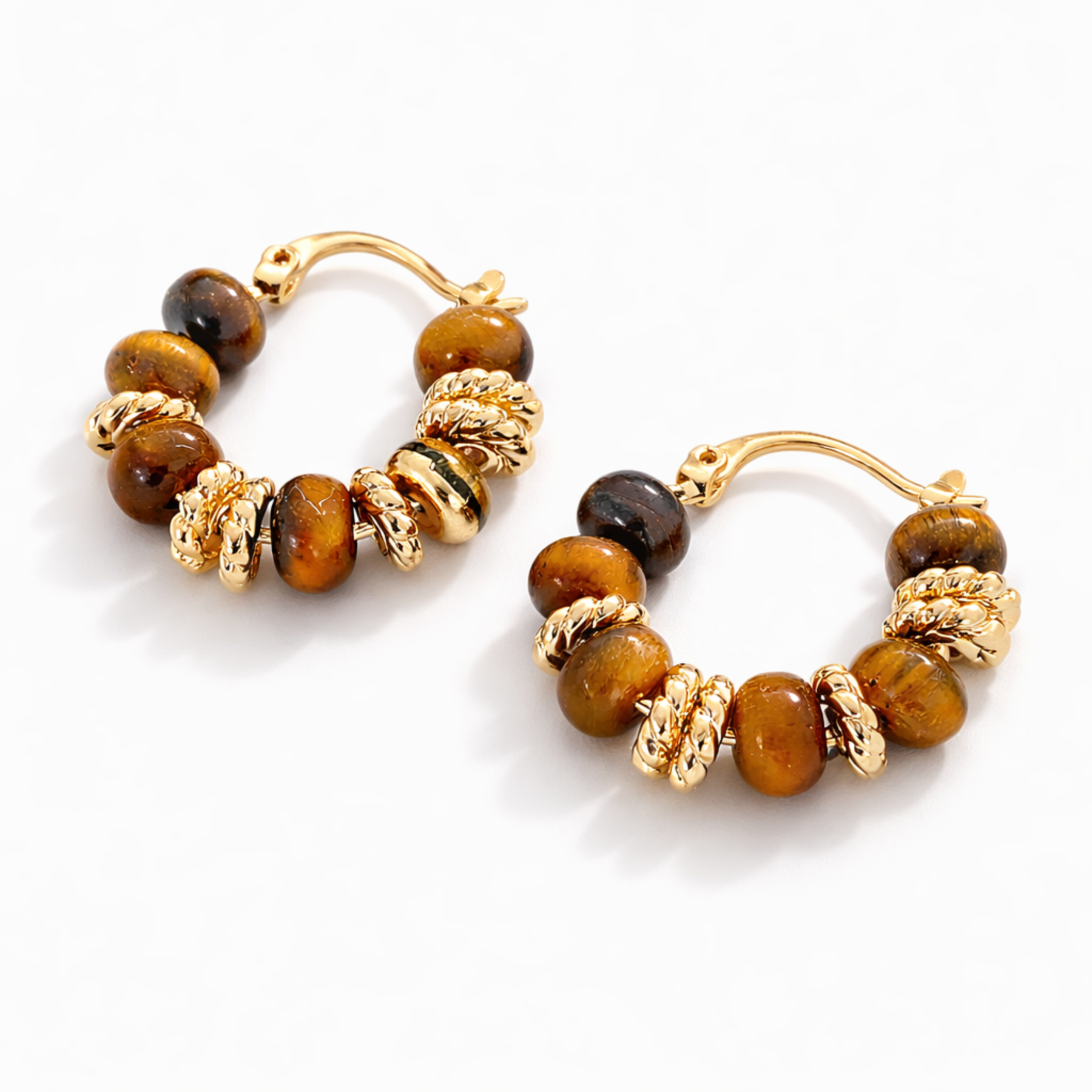 Tiger’s Eye hoop earrings on white background