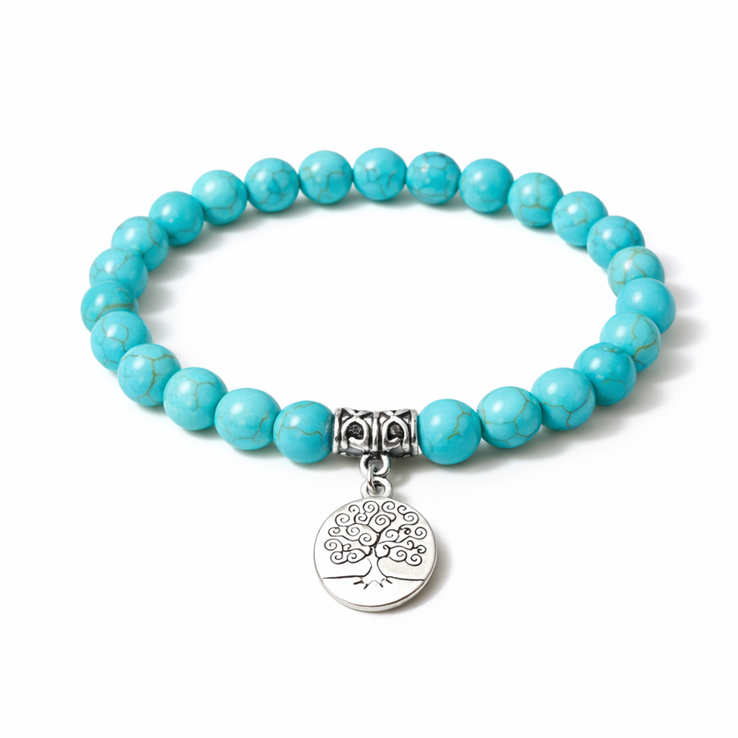 Turquoise crystal bracelet with tree of life charm on white background