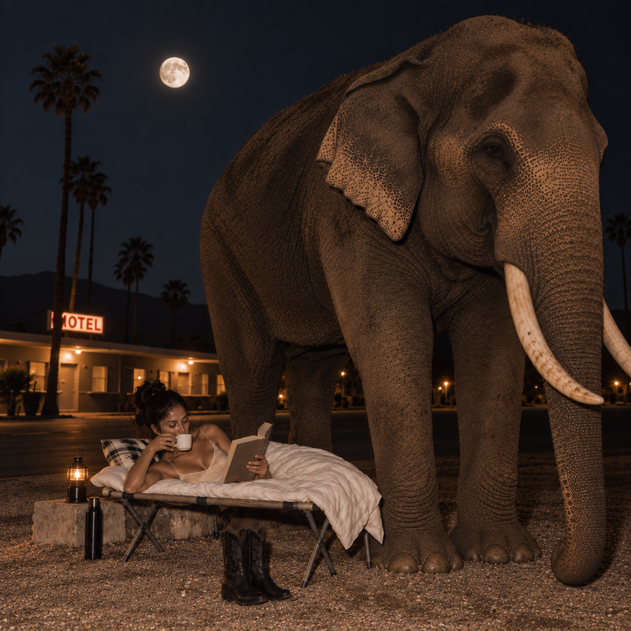 Woman reclining on a camp bed beside a large elephant beneath a full Moon outside a roadside motel at night, representing Uttara Ashadha Nakshatra in Vedic astrology.