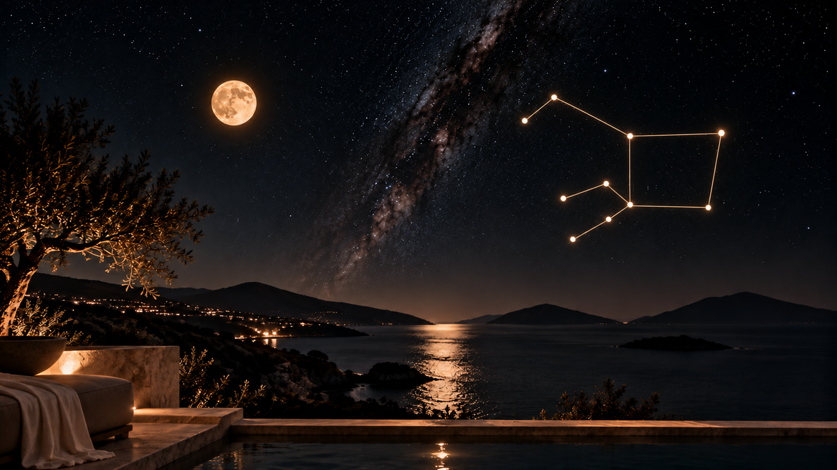 Golden  Purva Bhadrapada Nakshatra constellation outlined against a star-filled night sky above a moonlit Mediterranean coastline, with an infinity pool, illuminated terrace and distant mountains.