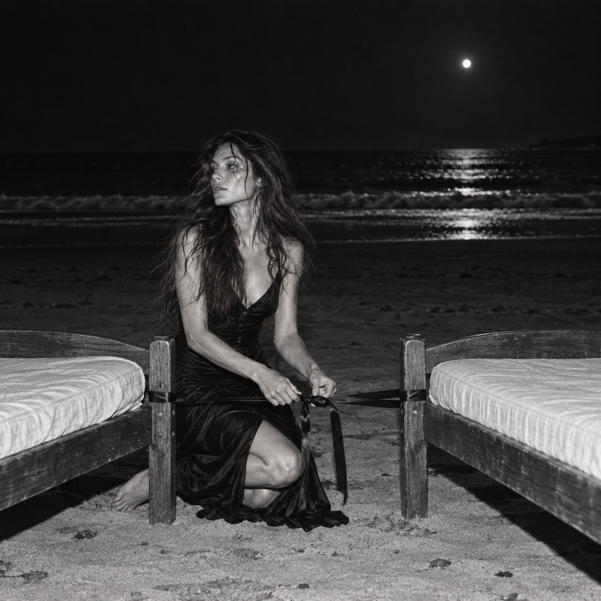 Black-and-white editorial photograph of a dark-haired woman in a black satin dress kneeling between two wooden beds on a moonlit beach, tying a black ribbon as the full moon reflects across the sea.Confidence: 0.99.