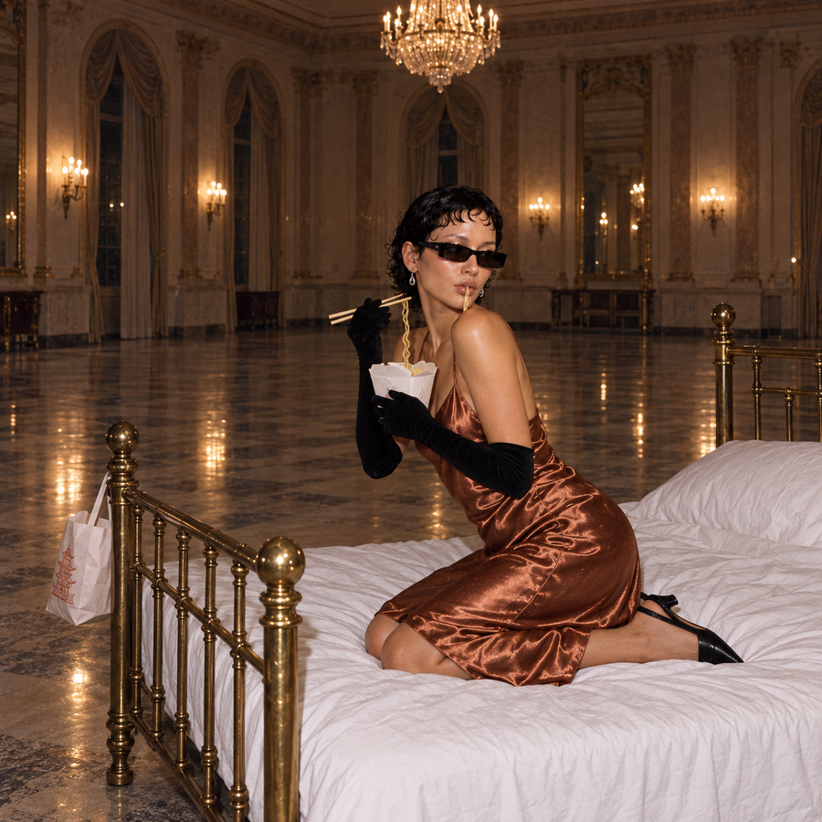 Fashion model in a bronze satin dress, black opera gloves and narrow sunglasses eats noodles with chopsticks while kneeling on a brass bed in a grand chandelier-lit ballroom.